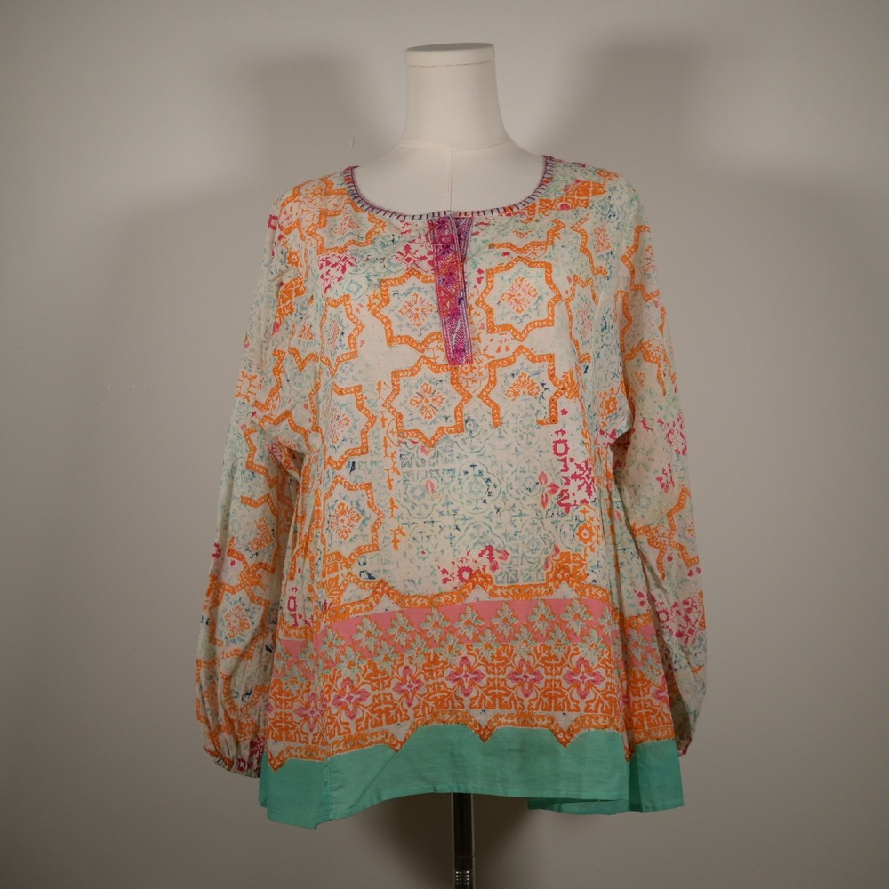 Sigrid Olsen Womens Small Cotton Tunic Top Geometric Floral Block Print Teal Hem